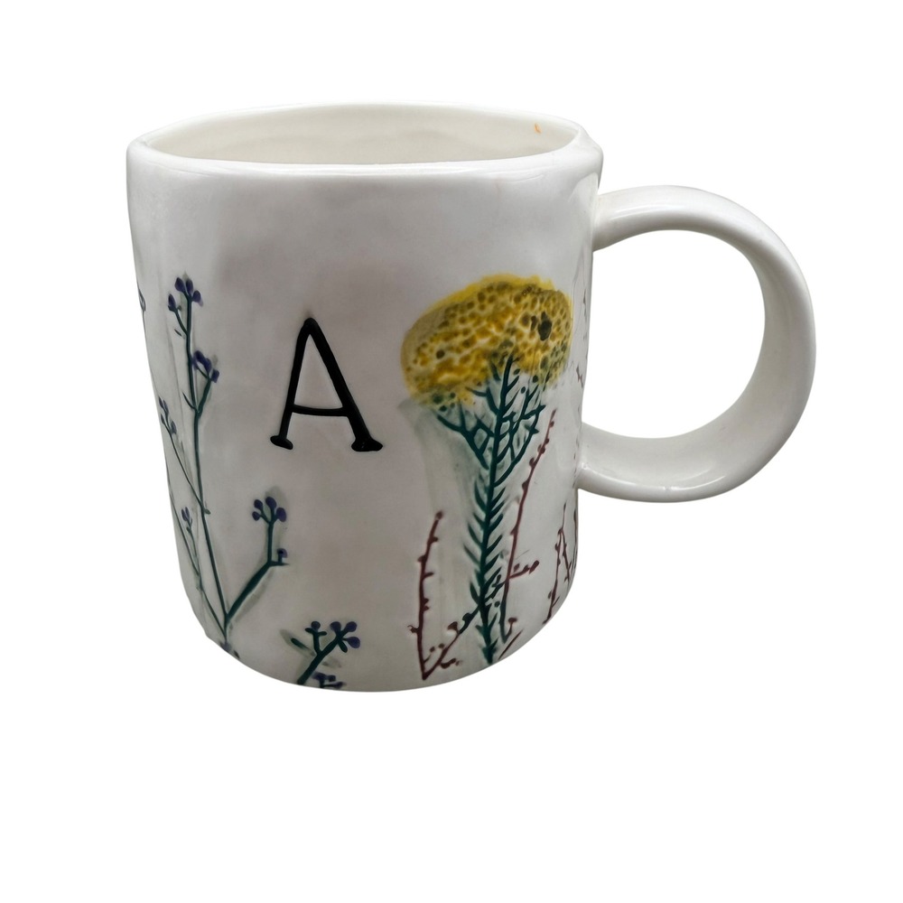 Anthropologie Monogram Letter A‎ Floral Mug White Ceramic Botanical Wildflower